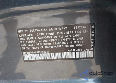 2014 Volkswagen Cc 2.0T Sport from USA, damaged, VIN WVWBP7AN6EE528210